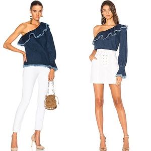 NEW• Tanya Taylor Denim One Shoulder Blouse